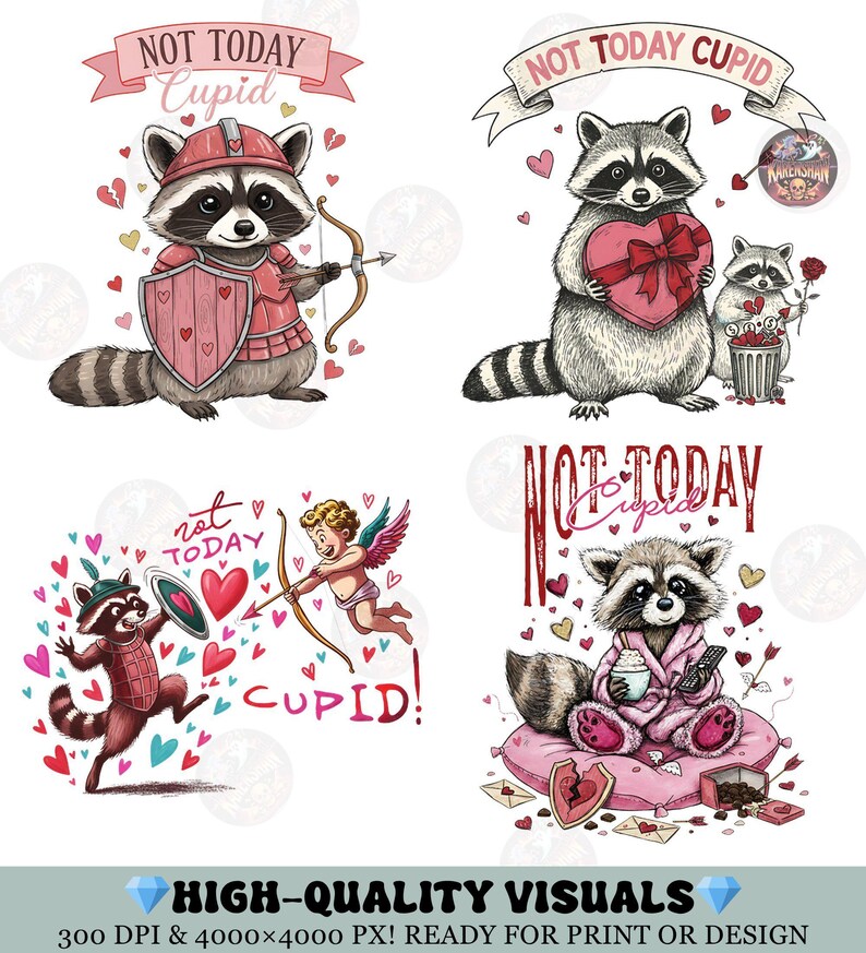 Cupid Raccoon Snarky Raccoon Png Bundle, 6 PNG Anti Valentine Day, Valentine's Day ...