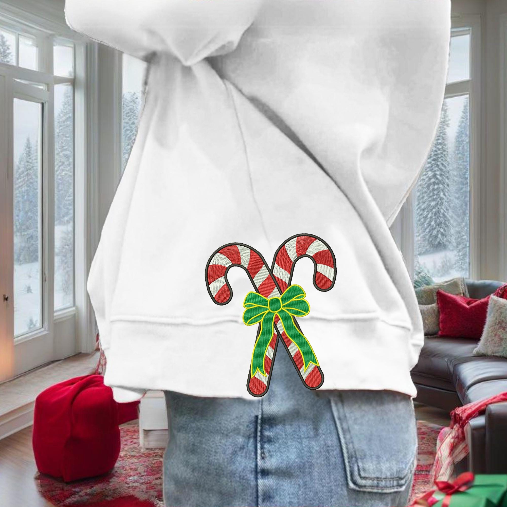 Christmas Candy Cane Embroidery Side Bow Sweatshirts | Christmas Gift Holiday Gift Gift For Her Trendy Shirt P19887469
