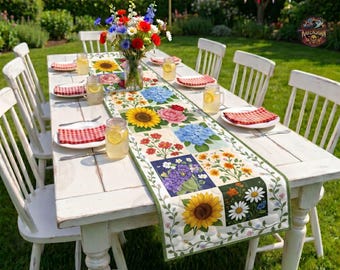 Chemin de table courtepointe échantillonneur botanique, chemin de table patchwork de fleurs mélangées, décoration de table florale de jardin, chalet botanique, cadeau pour amoureux des fleurs