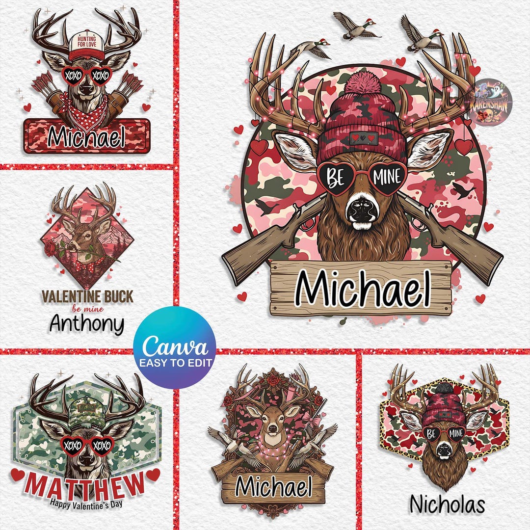 Valentine Buck Canva Template, 6 PNG Hunting Valentine, Valentine Day ...