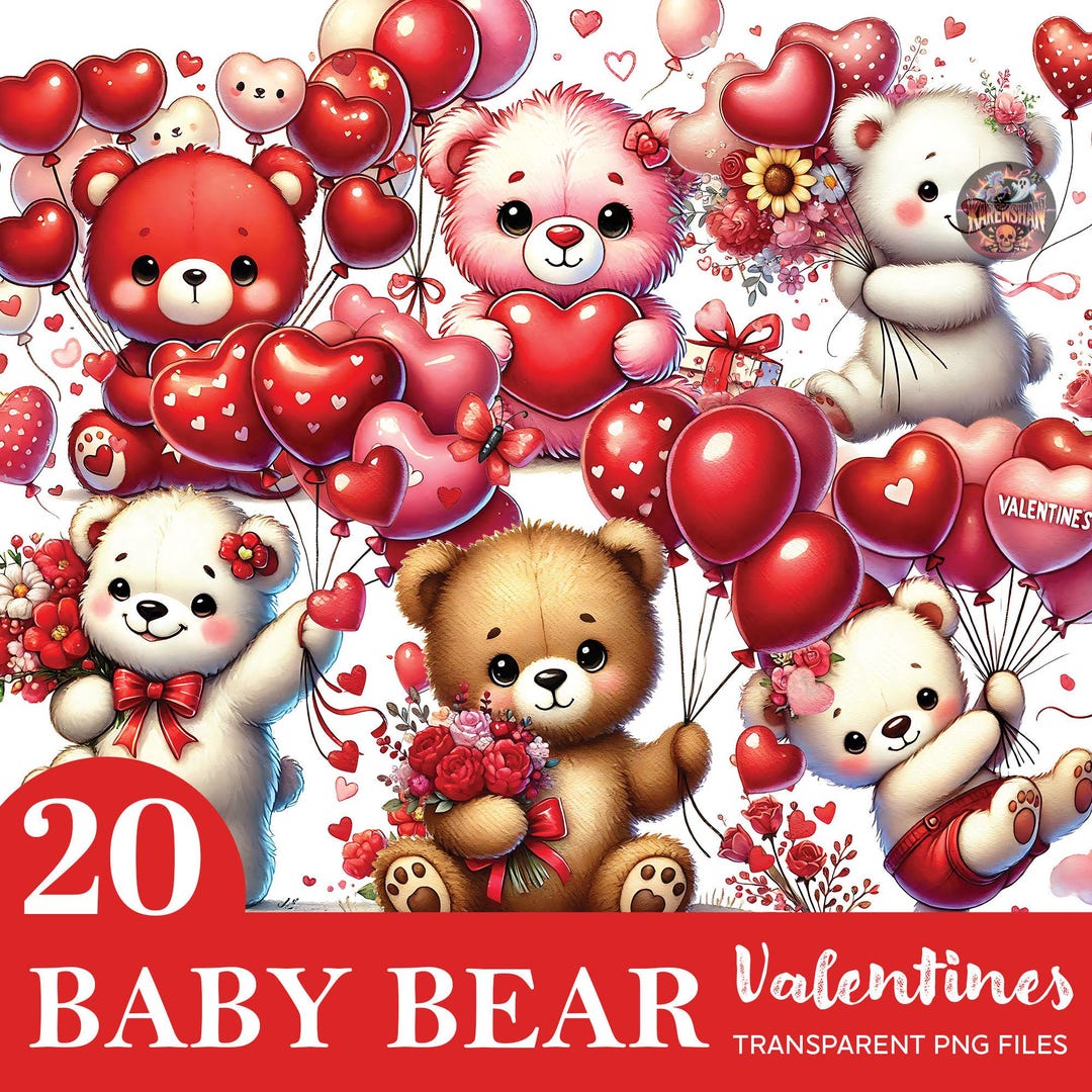 Heart Balloons Clipart Bundle, 20 PNG Cute Valentine, Teddy Bear ...