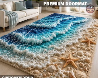 3D Ocean Wave Shell Starfish Area Rug, Shore Lover Kitchen Mat, Coastal Sand Beach Runner Rug, Nautical Sand Home Decor, Beach Shell Doormat