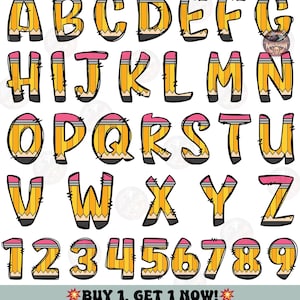 May include: An alphabet and numbers 1-9 are shown, each designed to look like a pencil. The letters and numbers are yellow with a pink eraser and black pencil tip. The text "BUY 1, GET 1 NOW!" is at the bottom.