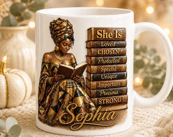 Personalized She Is Strong Mug, African Woman Lover Coffee Mug, Custom Black Queen Gift, Black Woman Birthday Design, Book Affirmation Name