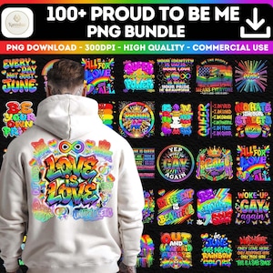 May include: A white hoodie with a colorful "Love is Love" graphic and other LGBTQ+ pride designs. The image is a PNG bundle with various pride-themed graphics, including rainbows, hearts, and text like "Queer Power" and "Be Your Own Pride."