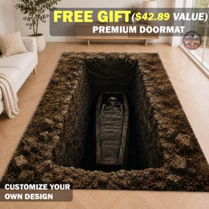 May include: A rectangular area rug featuring a 3D optical illusion of a deep, dark rectangular hole in the ground. Inside the hole, a wooden coffin is visible, containing a human skeleton. The surrounding ground texture appears as rough, dark brown soil.