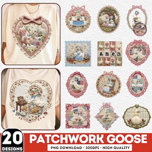 Op de afbeelding: Een verzameling van 20 patchwork ganzenontwerpen in verschillende stijlen. De ontwerpen bevatten ganzen in hartvormige, ovale en vierkante frames. Het kleurenpalet omvat roze, blauw en crème. De tekst "PATCHWORK GOOSE" wordt weergegeven.
