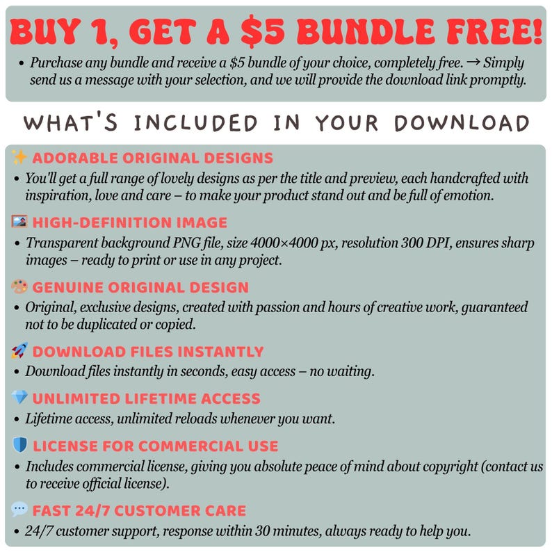 May include: An advertisement for digital downloads, featuring a red banner stating "BUY 1, GET A &pound;5 BUNDLE FREE!". The image highlights features like original designs, high-definition images, and commercial licenses. The text is set against a light green backdrop.