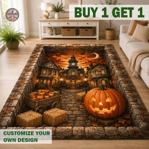 May include: A rectangular area rug featuring a 3D-style print of a spooky Halloween scene with a stone-paved path, a large jack-o'-lantern, a wooden cart filled with pumpkins, hay bales, and a haunted mansion under a crescent moon sky.