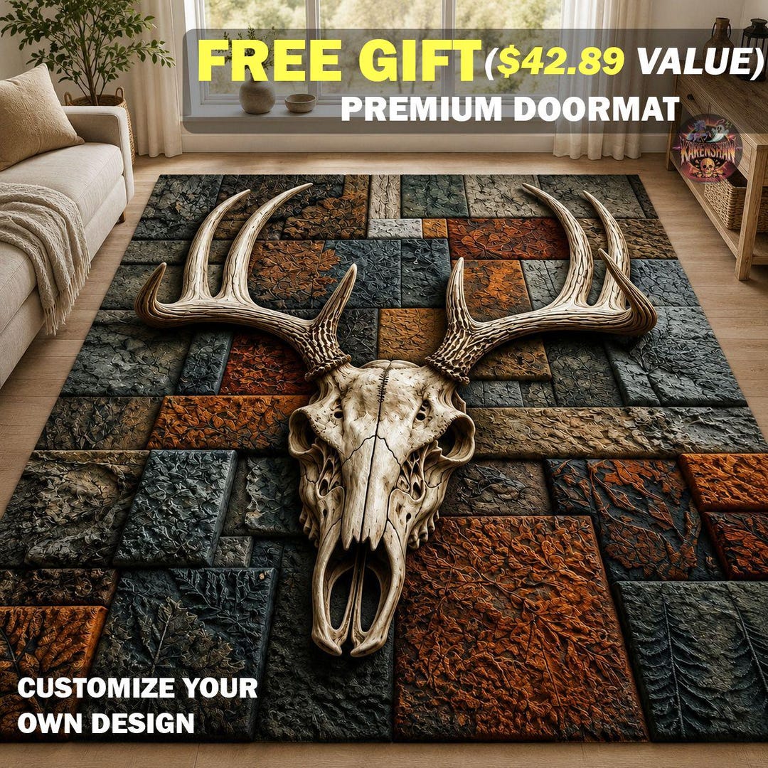 3D Deer Skull Antler Patchwork Area Rug, Buck Trophy Kitchen Mat ...