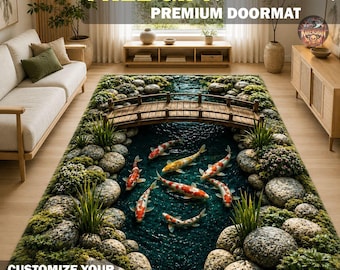 3D Koi Pond Garden Bridge Area Rug, Koi Fish Kitchen Mat, Japanese Zen Runner Rug, Asian Inspired Home Decor, Zen Garden Lover Doormat