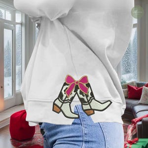 Howdy Christmas Side Coquette Bow Sweatshirt Embroidery Design, Glitter Side Bow Christmas Embroidery File, Western Christmas Appliqué