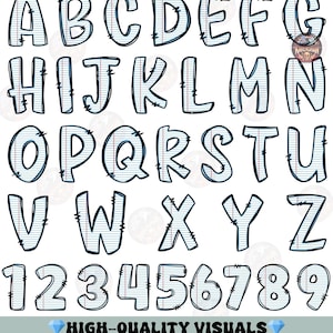 May include: An alphabet and number set, each letter and number is designed to look like notebook paper with a black outline. The text "HIGH-QUALITY VISUALS" is at the bottom.