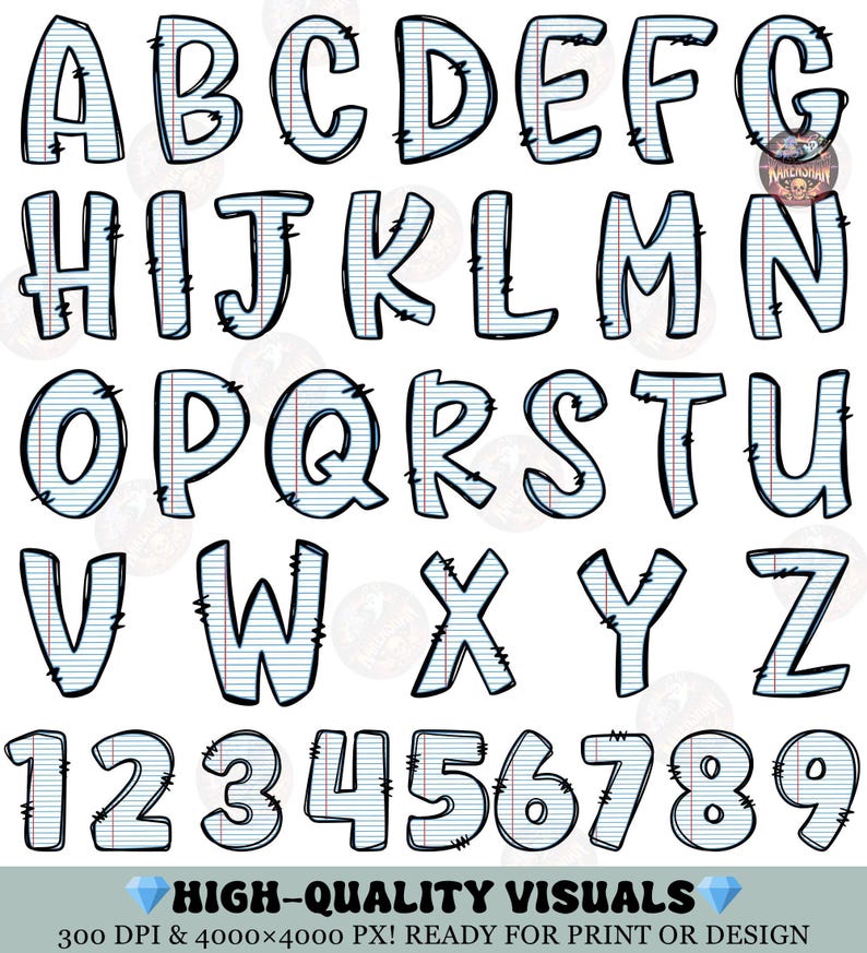 May include: An alphabet and number set, each letter and number is designed to look like notebook paper with a black outline. The text "HIGH-QUALITY VISUALS" is at the bottom.