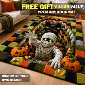 Puede incluir: Una alfombra rectangular con un diseño de efecto 3D de una momia emergiendo de un agujero en un suelo de baldosas a cuadros negras, naranjas y verdes. La momia tiene ojos verdes brillantes y está rodeada de calabazas y dulces de maíz.