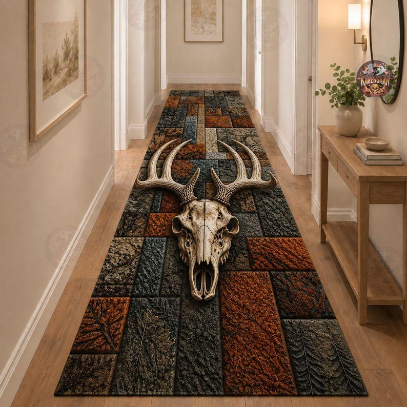 3D Deer Skull Antler Patchwork Area Rug, Buck Trophy Kitchen Mat ...