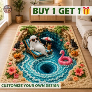 May include: A rectangular area rug featuring a 3D-style illustration of a white ghost wearing orange sunglasses on a blue and white striped lounge chair, a pink flamingo pool float, two black cats, orange pumpkins, and tropical flowers.