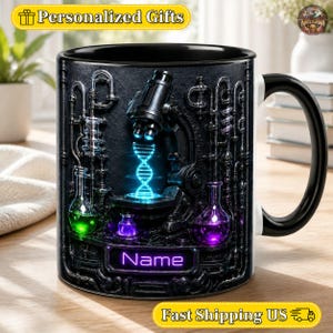 May include: A black ceramic mug featuring a detailed graphic of a microscope and a glowing blue DNA strand. The design includes laboratory glassware with green and purple liquids, interconnected pipes, and a rectangular label with the text Name.