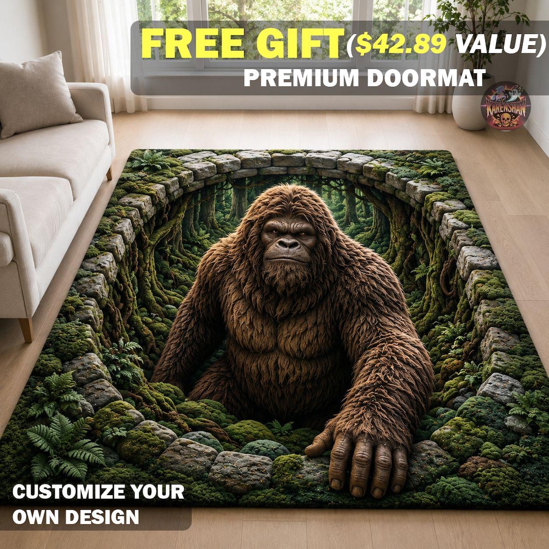 3D Bigfoot Mossy Stone Arch Area Rug, Bigfoot Cave Kitchen Mat ...