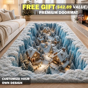 3D Winter Village Ice Canyon Area Rug, Christmas Village Kitchen Mat, Snow Cabin Lantern Runner Rug, Holiday Home Decor, Snowy Cabin Doormat