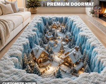 3D Winter Village Ice Canyon Area Rug, Christmas Village Kitchen Mat, Snow Cabin Lantern Runner Rug, Holiday Home Decor, Snowy Cabin Doormat