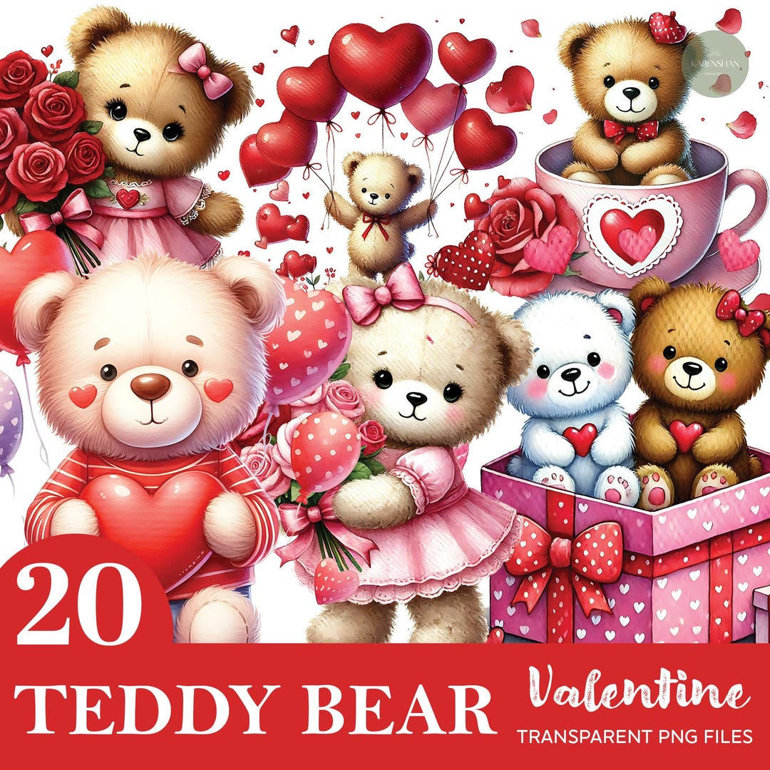 20 Watercolor Valentines Teddy Bear Clipart Bundle, Love Bears Png ...
