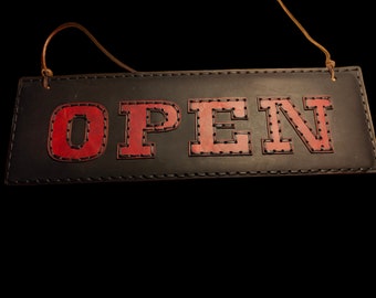 Handmade Leather Open/Closed Sign: Shop, Cafe, Salon Door Sign