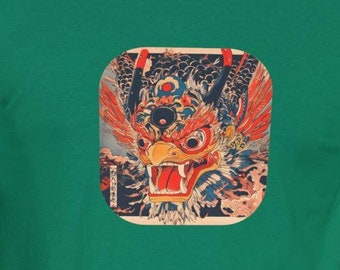 May include: A green t-shirt with a colorful image of a dragon head on the front. The dragon has red, blue, and yellow scales and a fierce expression.