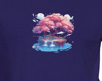 Camiseta con estampado de cerezos en flor, ropa de jardín botánico japonés.