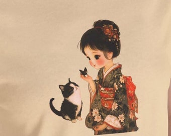 Camiseta unisex con estampado de gato, estilo kimono con estampado floral y estilo vintage japonés, camiseta de manga corta, camiseta retro con gato
