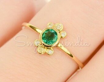 Anillo de compromiso esmeralda natural de 5 mm - Anillo de diamantes esmeralda de oro macizo de 14 k - Anillo de regalo de cumpleaños - Anillo de piedra de nacimiento de mayo - Anillo delicado esmeralda