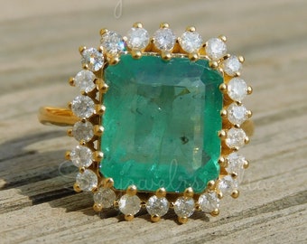 Anillo de compromiso con esmeralda y diamantes auténticos de Zambia - Oro macizo de 14k