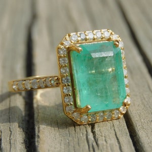 18k Real Gold Real Emerald Diamond Ring - Women 18K Gold Gift Ring - 4.10 Carat Emerald Ring - Perfect Engagement Gift - May Birthstone Ring