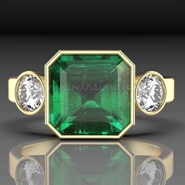 1.80 Carat Colombian Emerald & Diamond Ring - 14k Gold Emerald Ring - Bezel Set Emerald Ring - Women's Day Gift Ring - Emerald Promise Ring