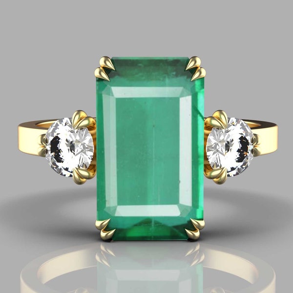 2 Carat 14K Emerald Cut Emerald & Diamond Ring - Three Stone Ring - Emerald Solid Gold Ring - Brilliant Round Cut Diamond Ring - Dual Prong