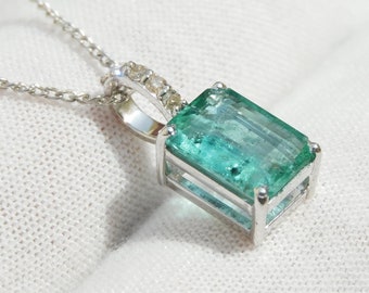 2.10 Carat Real Emerald Diamond Pendant - 14k Gold Emerald Pendant - Emerald Cut Pendant - Zambian Emerald Pendant - Women Gift Pendant