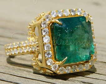 Asscher Raw Real Emerald & Diamond Ring - 14k Emerald Women Ring - Gift For Love - 5.5 Ctw Emerald Stone Ring - Best Gift For May Birthstone