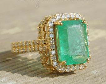 Anillo de compromiso de esmeralda auténtica talla esmeralda de 4,50 quilates y diamantes - Anillo de regalo de oro de 14k con piedra natal de mayo - Anillo de aniversario y boda, anillo de esmeralda