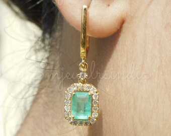 2 Ctw Real Emerald Diamond Earrings - 14k Gold Emerald Earrings - Emerald Cut Earrings - Light Weight Earring - Women Wedding Earrings