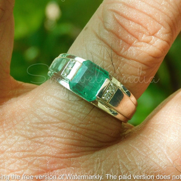 14k Mens Zambian Emerald Diamond Ring -  Mens Propose Emerald Ring - Gift For Husband - Mens Birthstone Ring - Stacking Ring For Mens