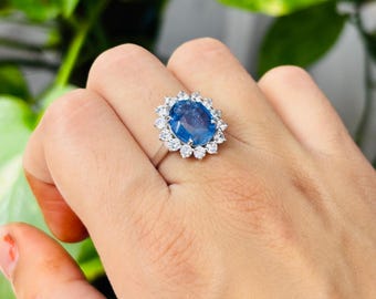 Op de afbeelding: Zilveren ring met een grote, ovale blauwe edelsteen, omringd door kleinere, heldere stenen. De ring is geplaatst tegen een achtergrond van groene bladeren. Klassiek ontwerp.