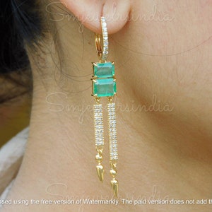 14k Gold Long Emerald & Diamond Earrings - 14k Real Emerald Earrings - Antique Emerald Long earrings - Dangle Earring - Wedding Gift Earring