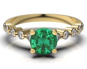 Anel com Esmeralda Natural de 0,80 Quilates e Diamantes - Anel de Ouro 14k com Esmeralda Redonda - Anel de Noivado Feminino - Anel de Esmeralda Empilhável, Anel de Ouro Fino com Esmeralda