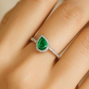 emerald Pear Cut Ring - 14k Solid Gold Real Emerald Diamond Ring - Certified Emerald Ring - Halo Emerald Ring - Emerald Jewelry for Bride