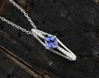 14K Solid Gold Natural Tanzanite Necklace 0.80 Carat Cushion Pendant , Tanzanite And Diamond Pendant For Women December Birthstone