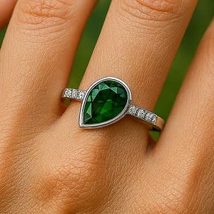 Dark Green Emerald Ring - 14k Solid Gold Real Emerald Diamond Ring - Pear Emerald Ring - Bezel Set Ring - Handmade Ring - Mothers Day Gift