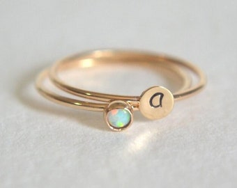 Gold Opal Ring , Personalized Ring , Dainty Ring , Initial Ring , Gold Stacking Ring Set , 3 mm Opal Gemstone Ring