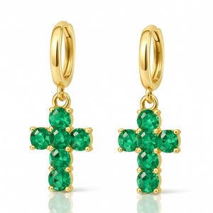 14k Gold Real Emerald Cross Earrings: Zambian Gemstone Dangle, May Birthstone
