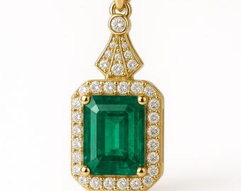 8x12 mm Real Emerald Diamond Pendant - 14k Gold Emerald Cut May Birthstone - Wedding Gift