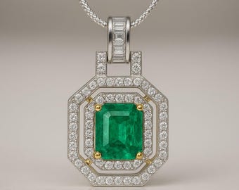 May include: A pendant necklace featuring a large, rectangular emerald gemstone. The emerald is surrounded by a double halo of small, sparkling diamonds set in a white gold or platinum frame. The necklace has a delicate silver chain.